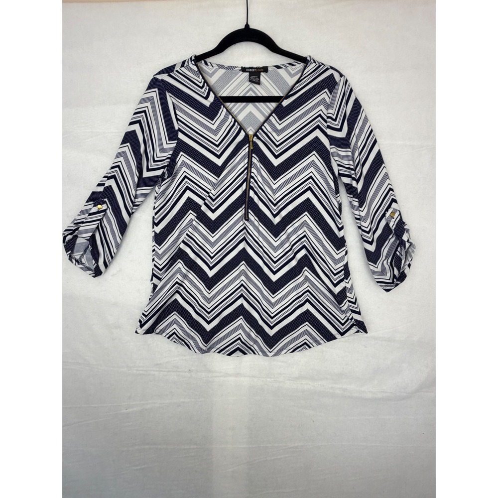 Robert Louis Womens Navy‎ Blue White Chevron Zig Zag Quarter Zip Blouse Size S
